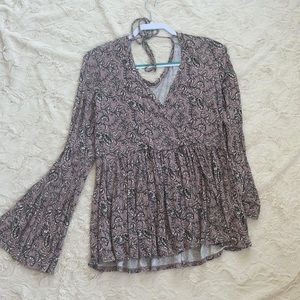 Boho top with tie back, open shoulders, and bell sleeves